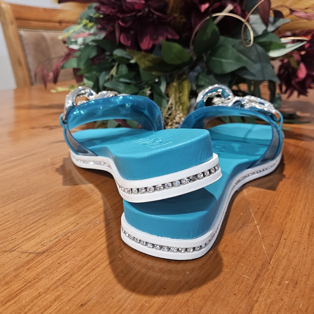 Karl Lagerfeld Jazelle Rhinestone Chain Slides Blue Sz 9.5 - Picture 5 of 11